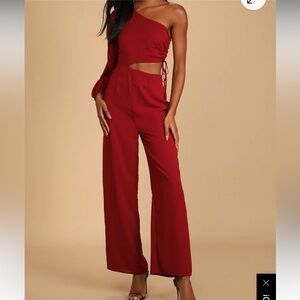 Lulus Dream Plans Wine Red One-Shoulder Cutout Jumpsuit XS